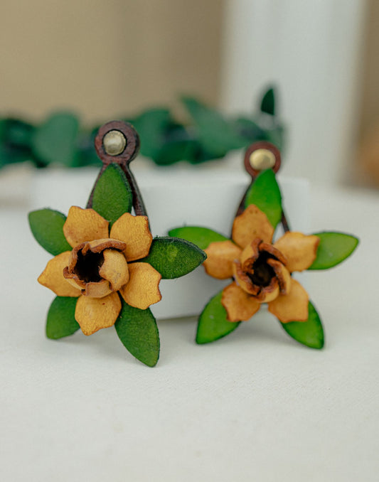 Gardenia & Leaf Leather Drop Earrings — Amber