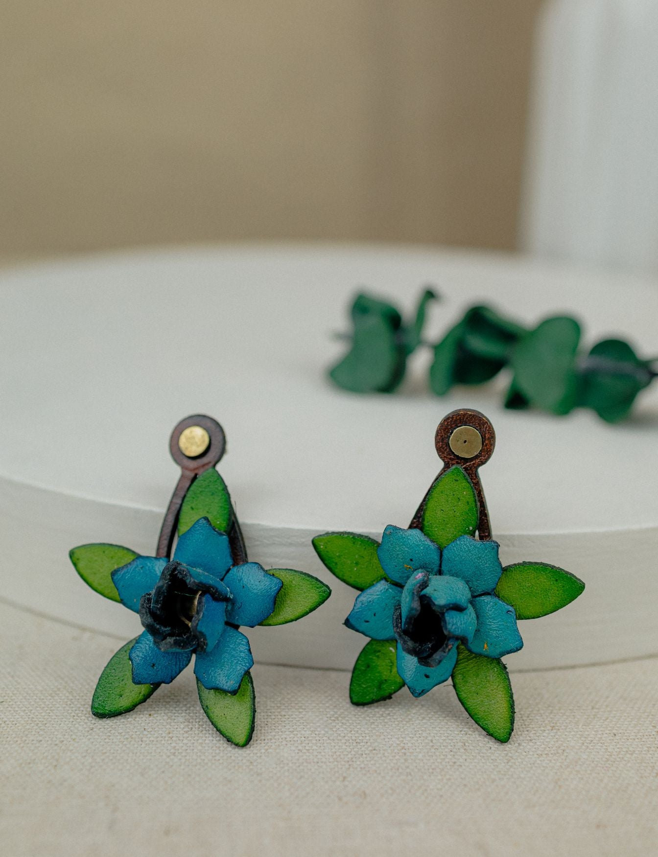 Gardenia & Leaf Leather Drop Earrings — Teal