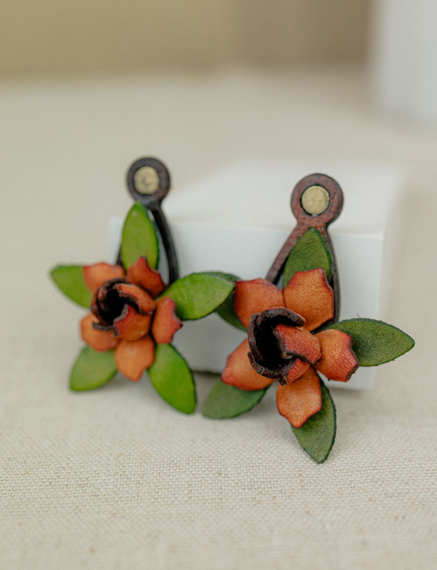 Gardenia & Leaf Leather Drop Earrings — Terracotta