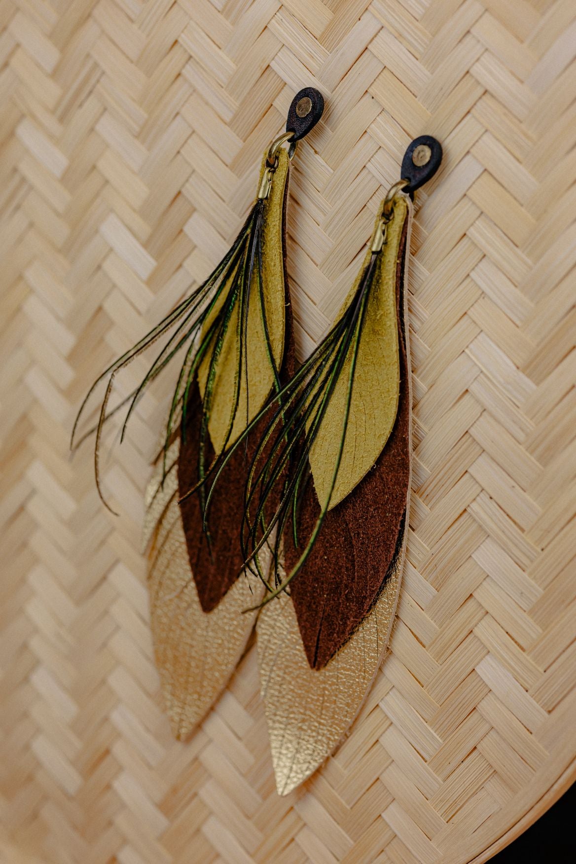 Feather Leather Drop Earrings — Gold, Camel & Lime