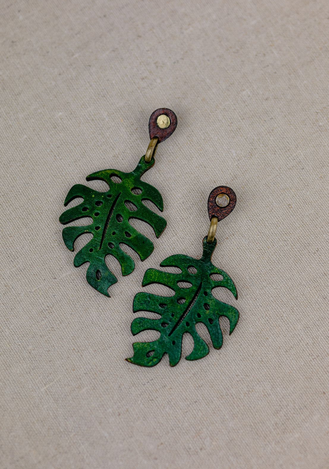 Monstera Leaf Leather Drop Earrings — Green