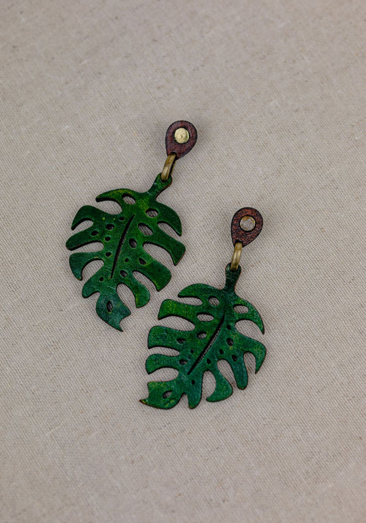 Monstera Leaf Leather Drop Earrings — Green