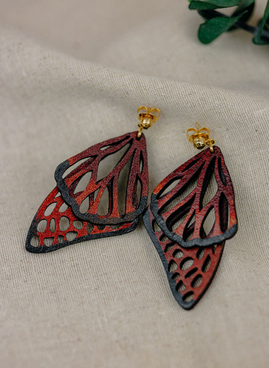 Butterfly Wing Leather Drop Earrings — Red & Black