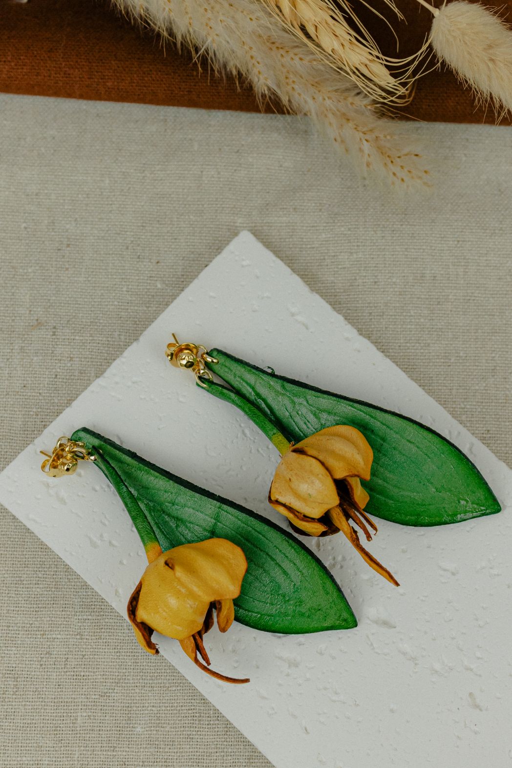 Field Flower Leather Drop Earrings — Camel & Green (Photo 3)