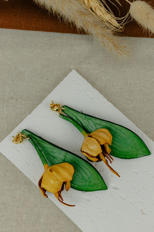 Field Flower Leather Drop Earrings — Camel & Green (Photo 3)
