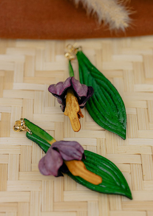 Anthurium Leather Drop Earrings — Purple & Green