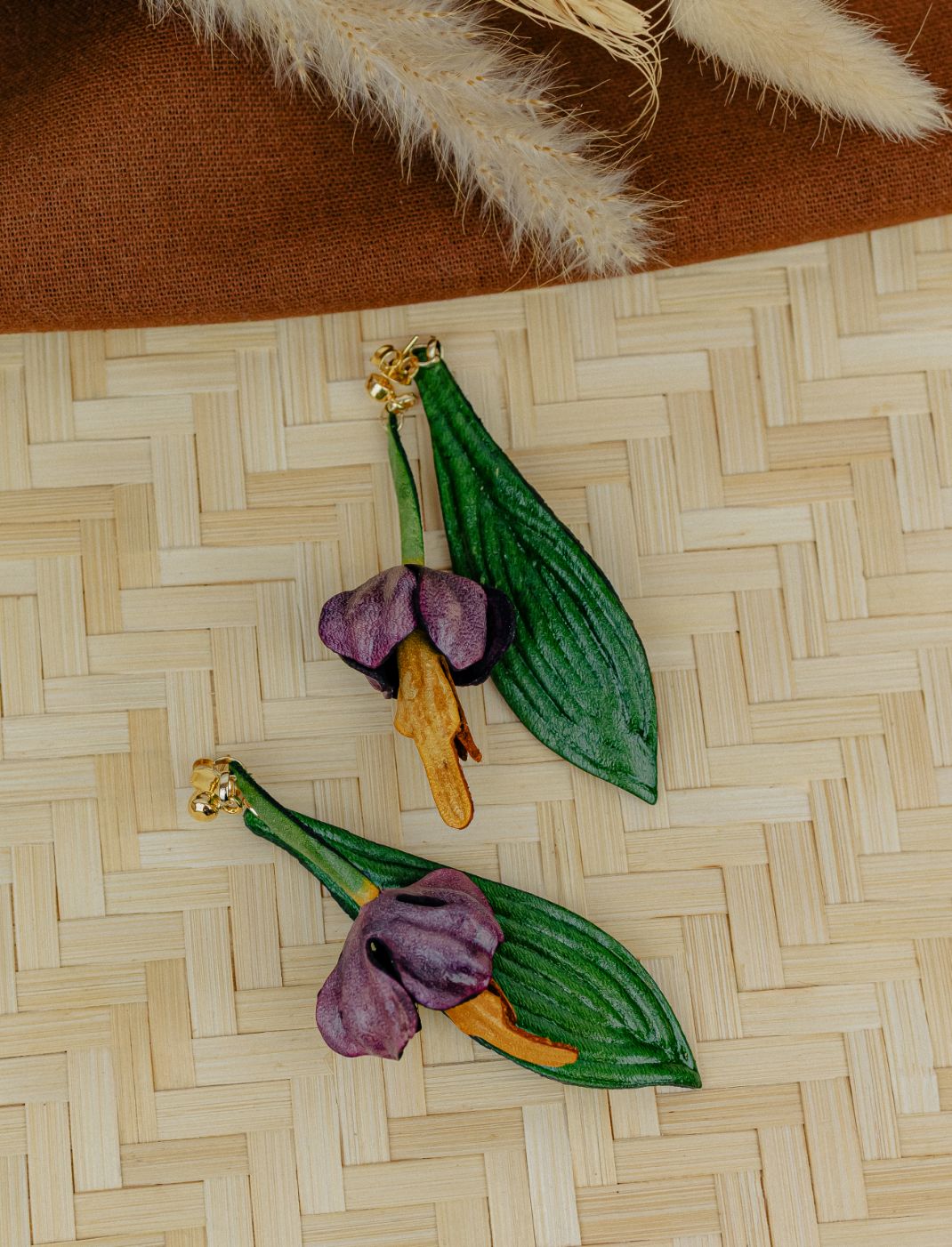 Field Flower Leather Drop Earrings — Purple & Green