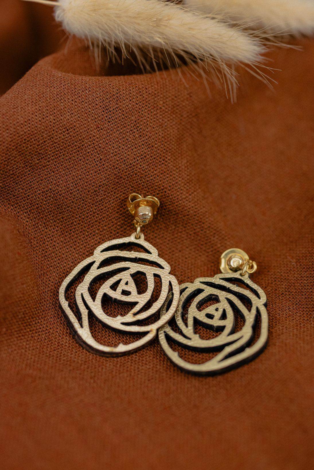 Openwork Rose Leather Drop Earrings — Gold
