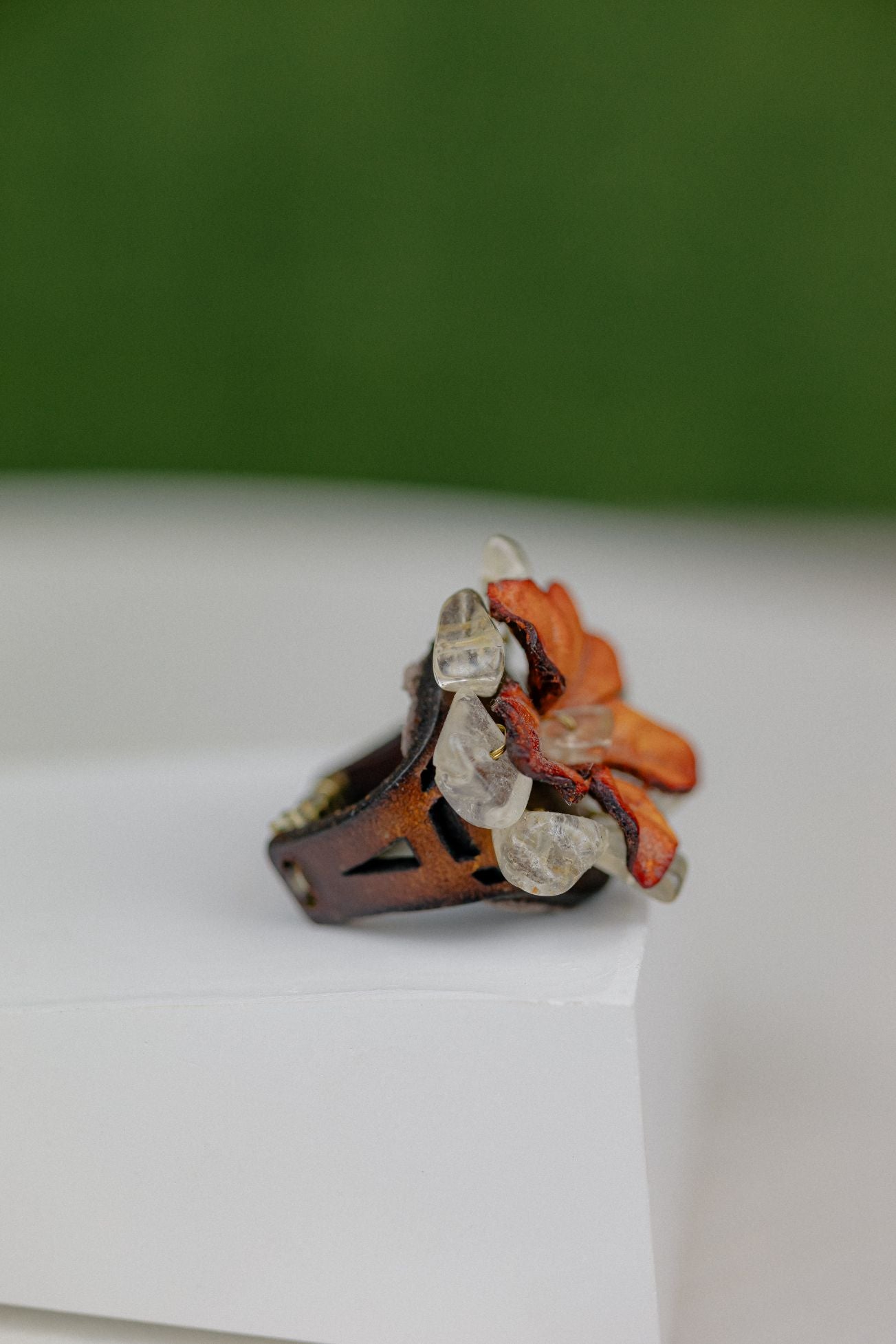 Flower & Crystal Leather Ring — Terracotta