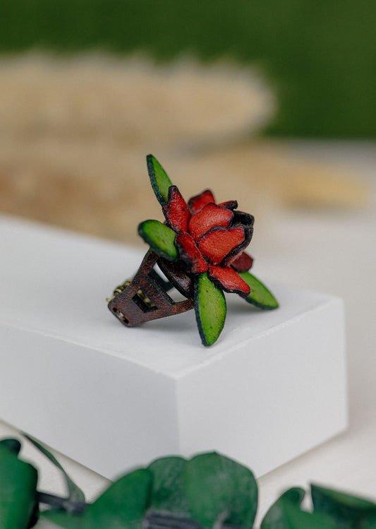 Rose & Leaf Leather Ring — Red