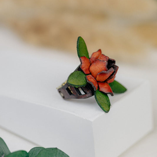 Rose & Leaf Leather Ring — Red