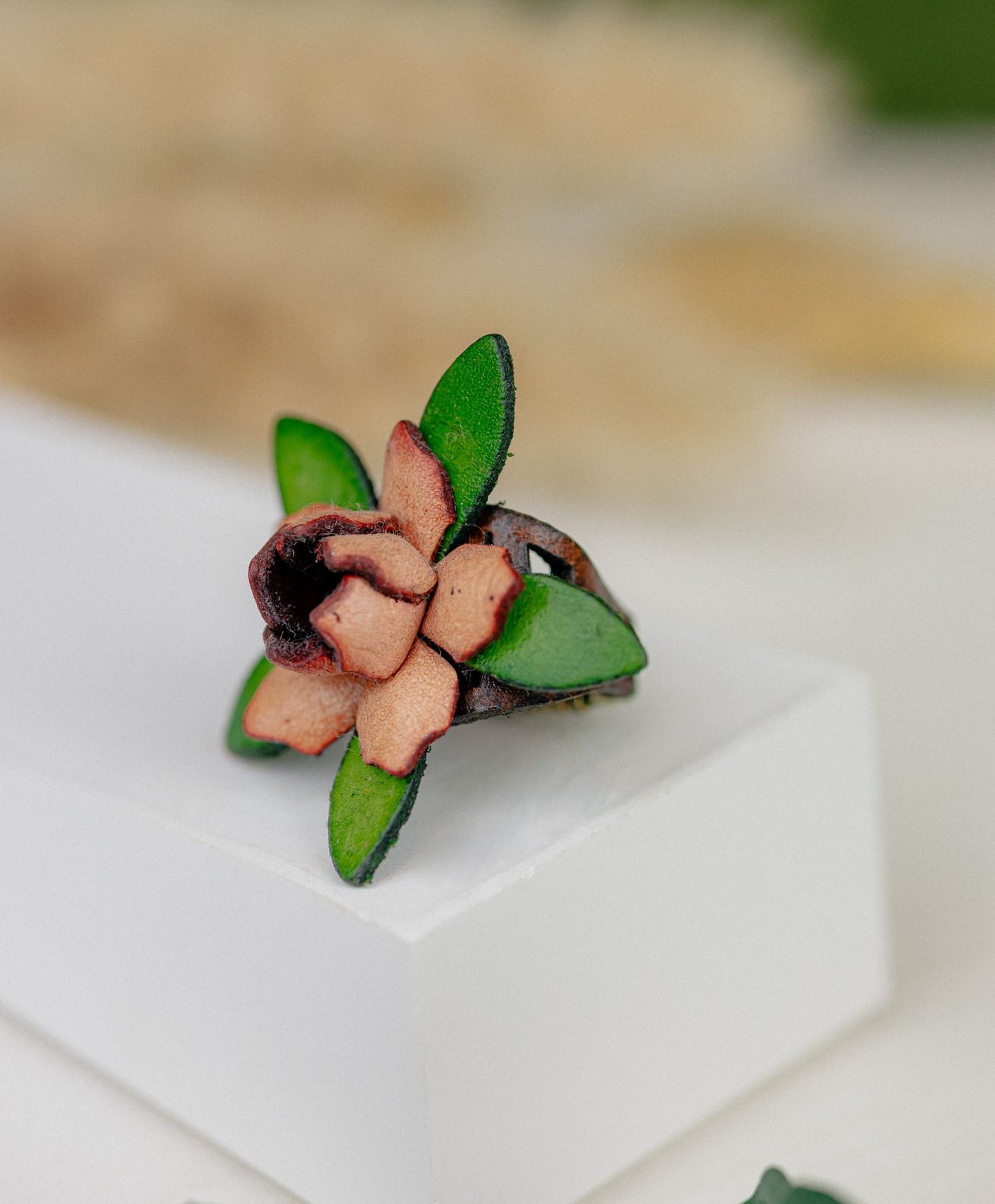 Flower & Leaf Leather Ring — Blush