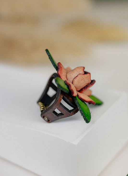 Flower & Leaf Leather Ring — Blush