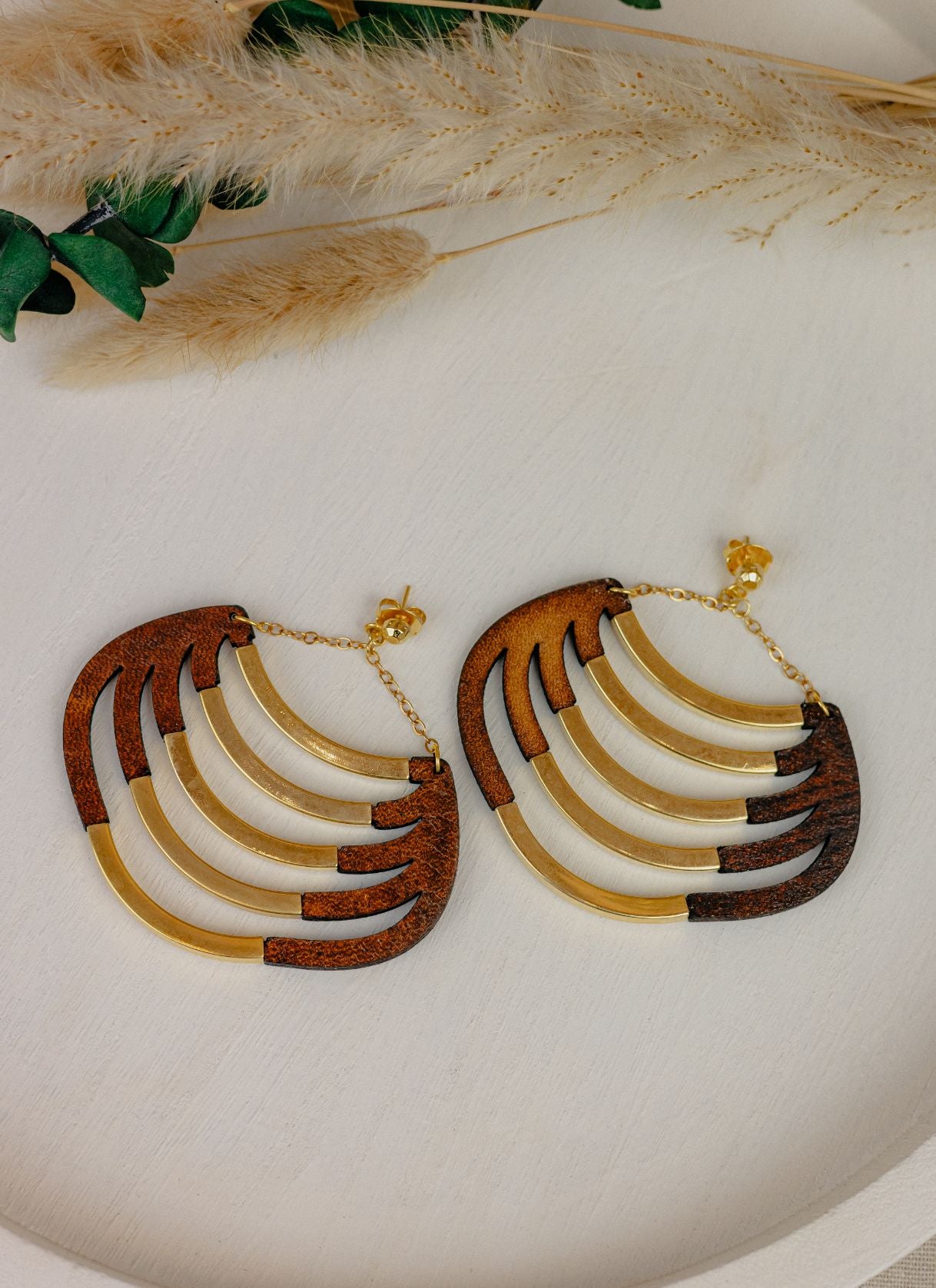 Arc Fan Leather & Gold Bar Drop Earrings — Russet & Gold