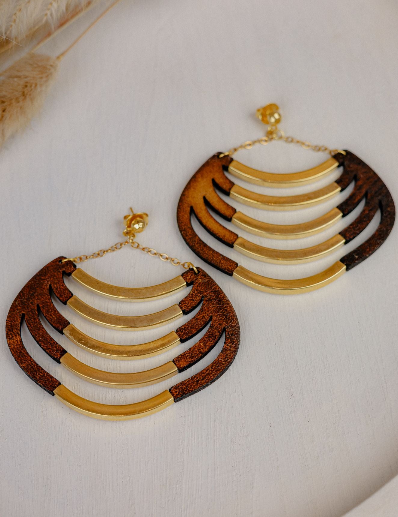 Arc Fan Leather & Gold Bar Drop Earrings, Russet & Gold