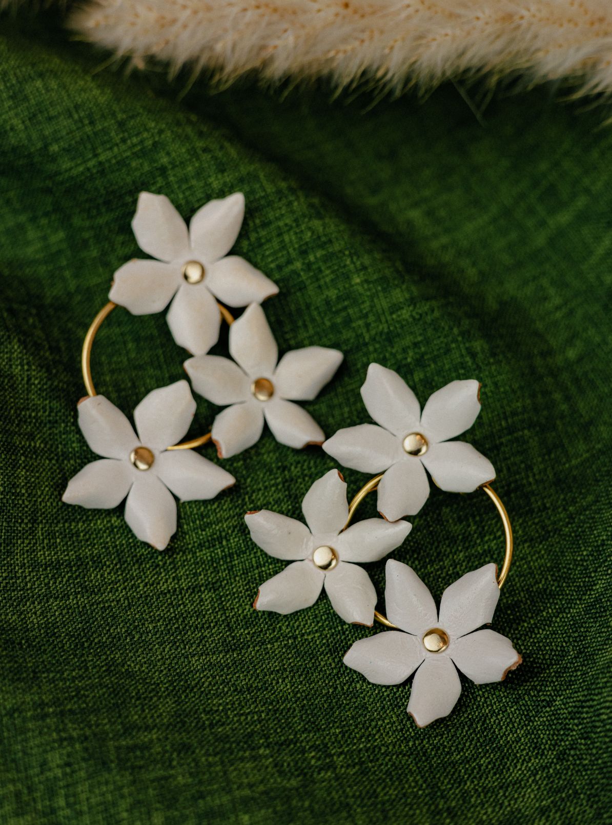 Triple Flower Leather Hoop Earrings — White