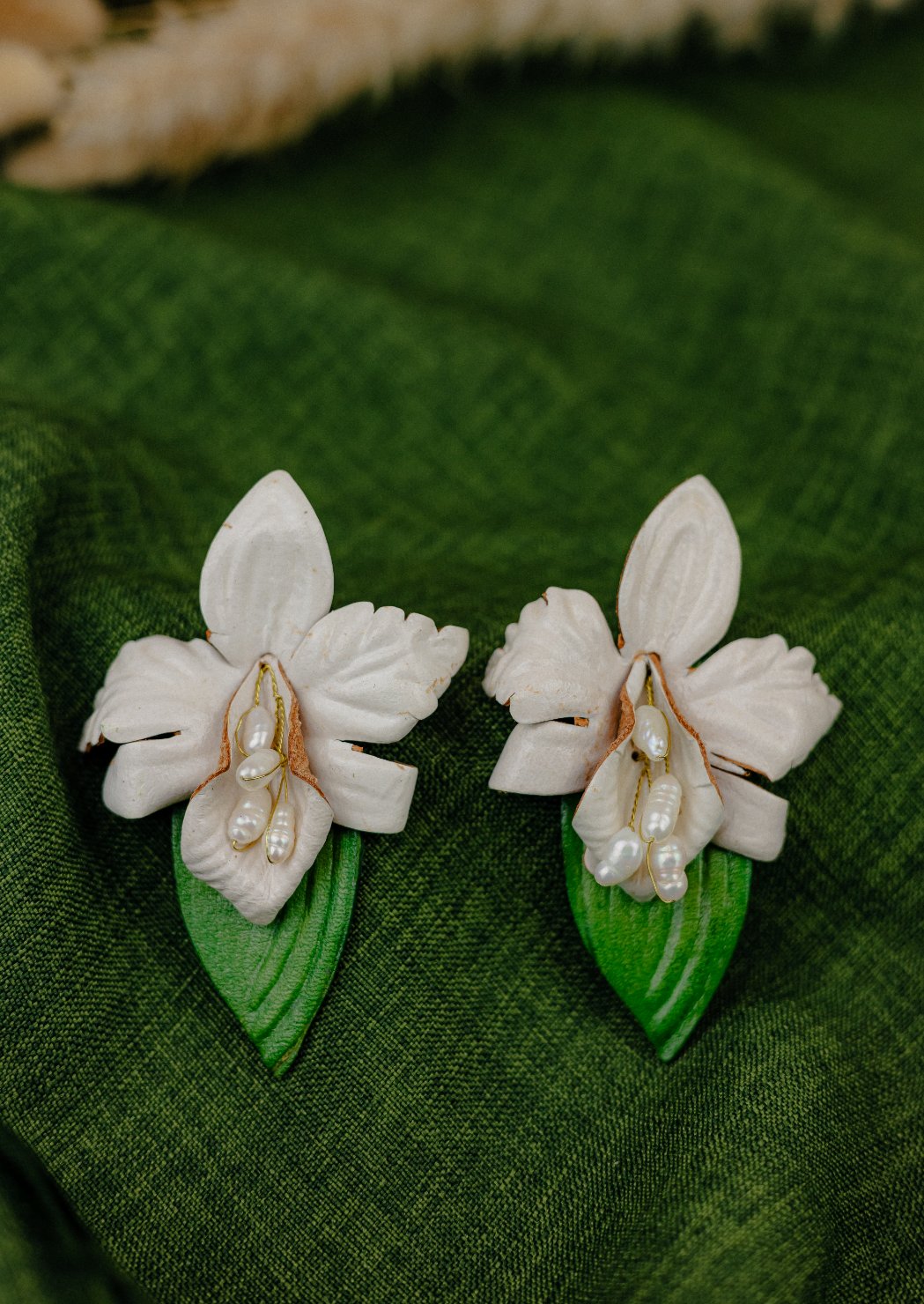 Cattleya Orchid & Baroque Pearl Leather Drop Earrings, Ivory