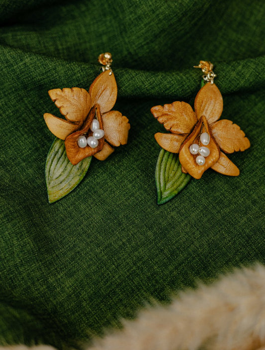 Cattleya Orchid & Baroque Pearl Leather Drop Earrings, Caramel