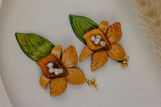 Cattleya Orchid & Baroque Pearl Leather Drop Earrings, Caramel