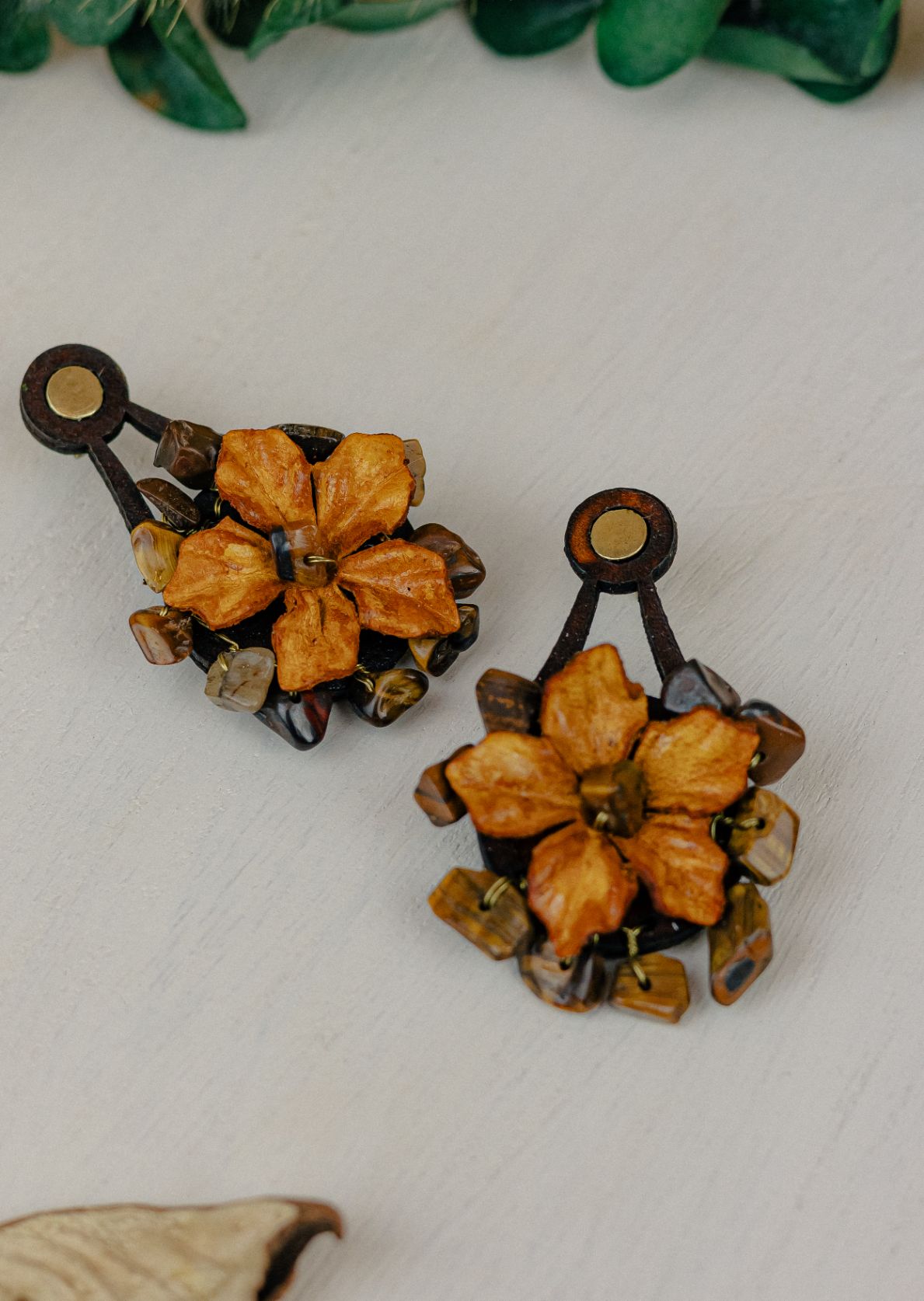 Flower & Tiger's Eye Leather Drop Earrings — Amber