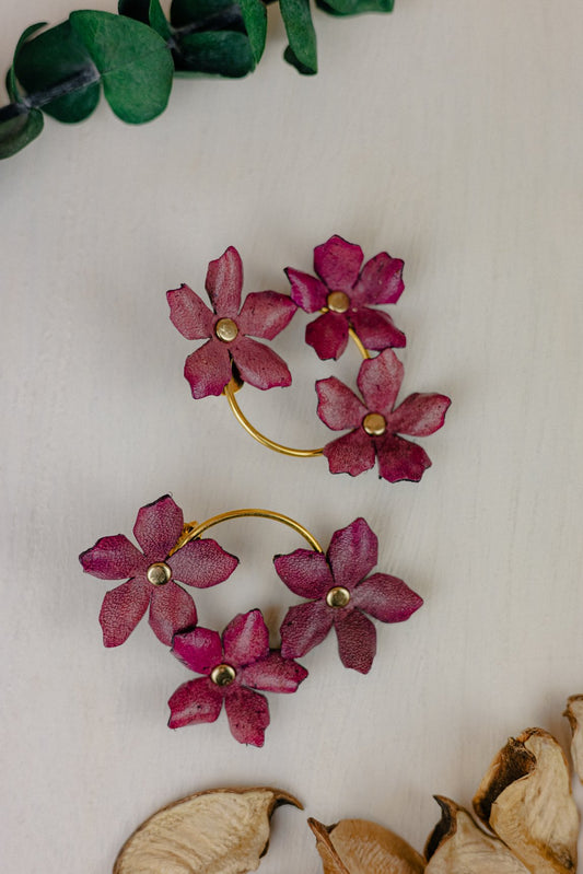 Triple Flower Leather Hoop Earrings - Berry