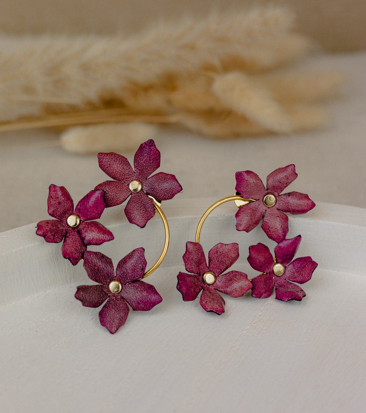 Triple Flower Leather Hoop Earrings - Berry