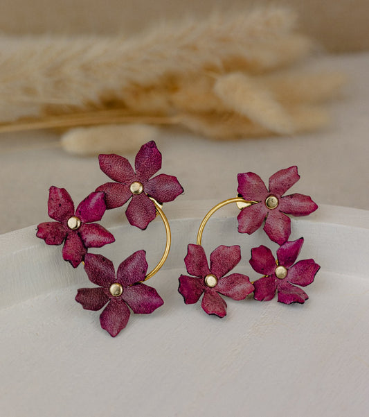 Triple Flower Leather Hoop Earrings - Berry