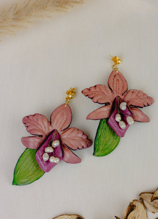 Cattleya Orchid & Baroque Pearl Leather Drop Earrings, Mauve