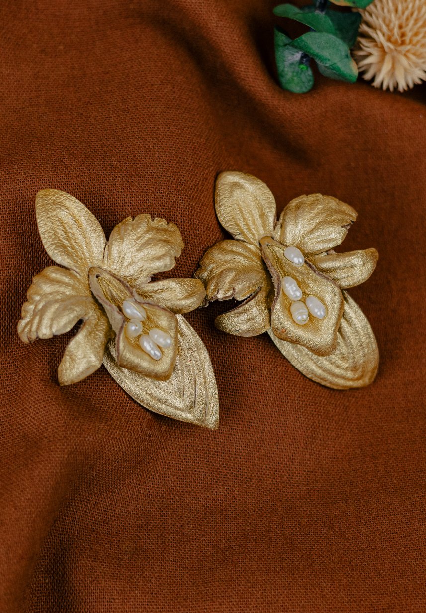 Cattleya Orchid & Baroque Pearl Leather Drop Earrings, Gold