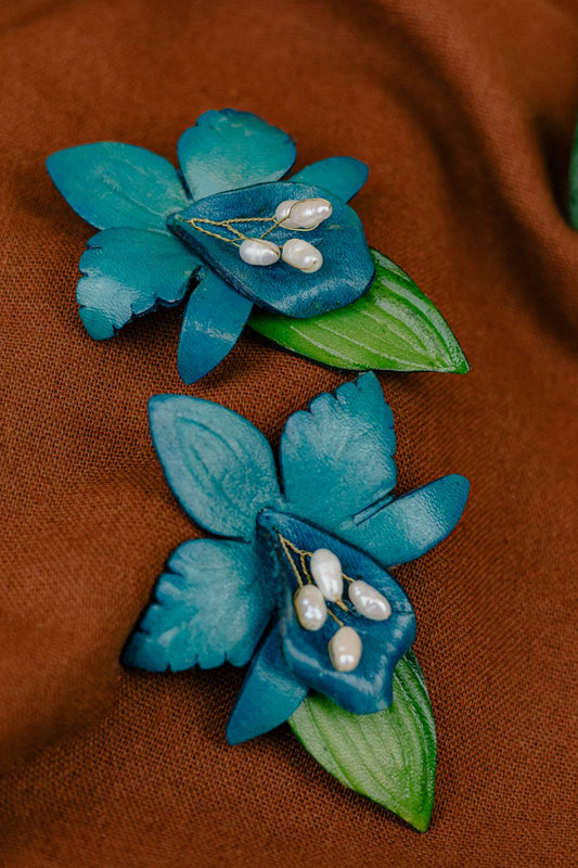 Cattleya Orchid & Baroque Pearl Leather Drop Earrings, Teal