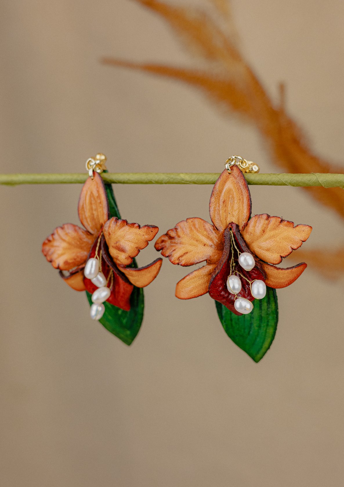 Cattleya Orchid & Baroque Pearl Leather Drop Earrings, Rust