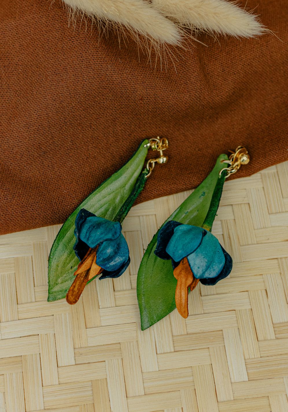 Field Flower Leather Drop Earrings — Teal & Green