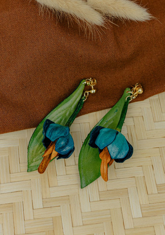 Field Flower Leather Drop Earrings — Teal & Green
