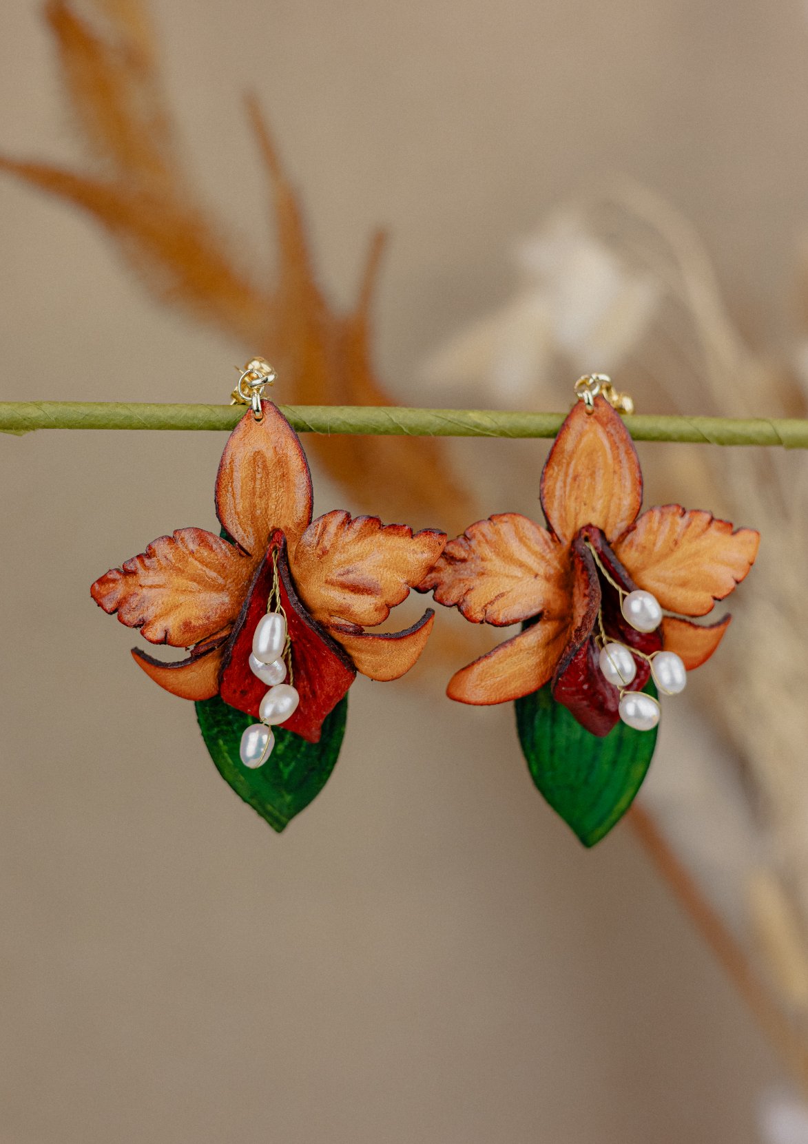 Cattleya Orchid & Baroque Pearl Leather Drop Earrings, Rust