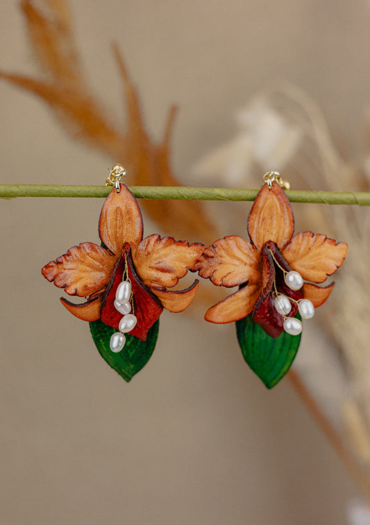 Cattleya Orchid & Baroque Pearl Leather Drop Earrings, Rust