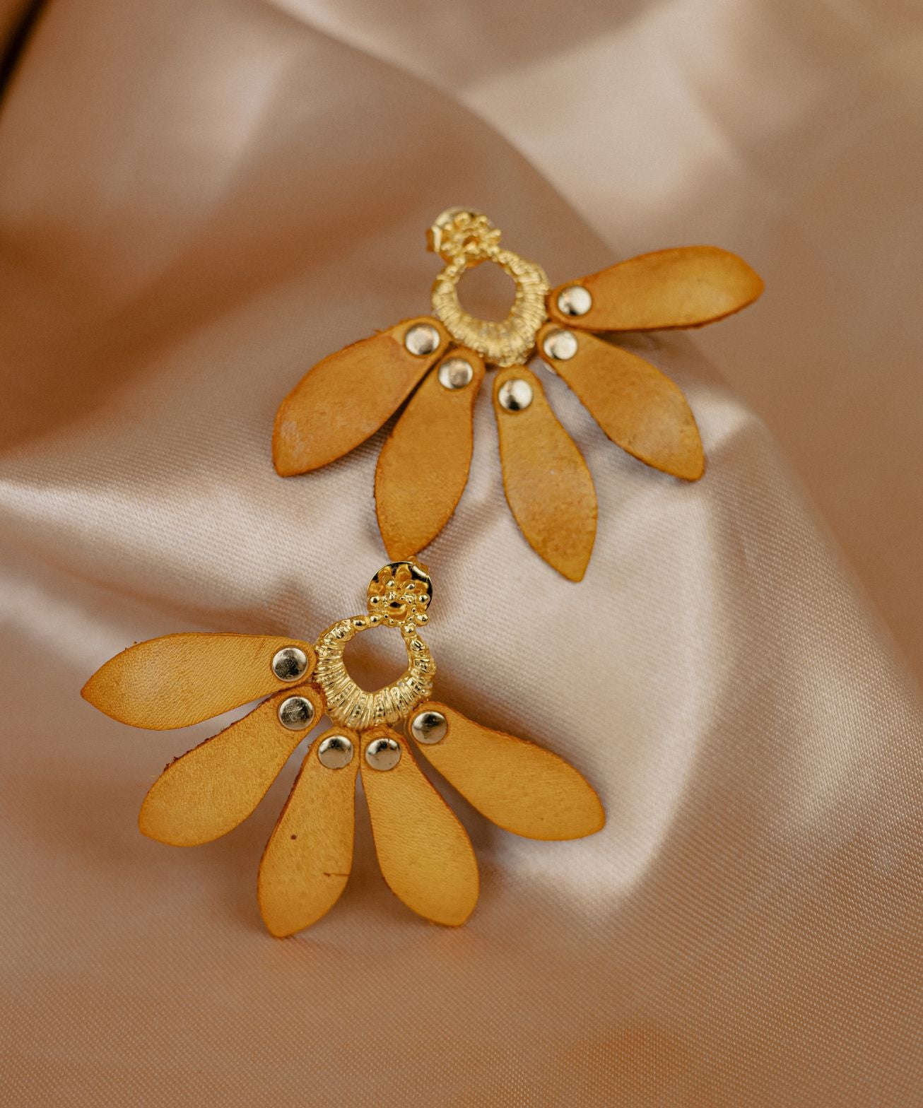 Petal Fan Leather Drop Earrings — Amber & Gold (Style 2)