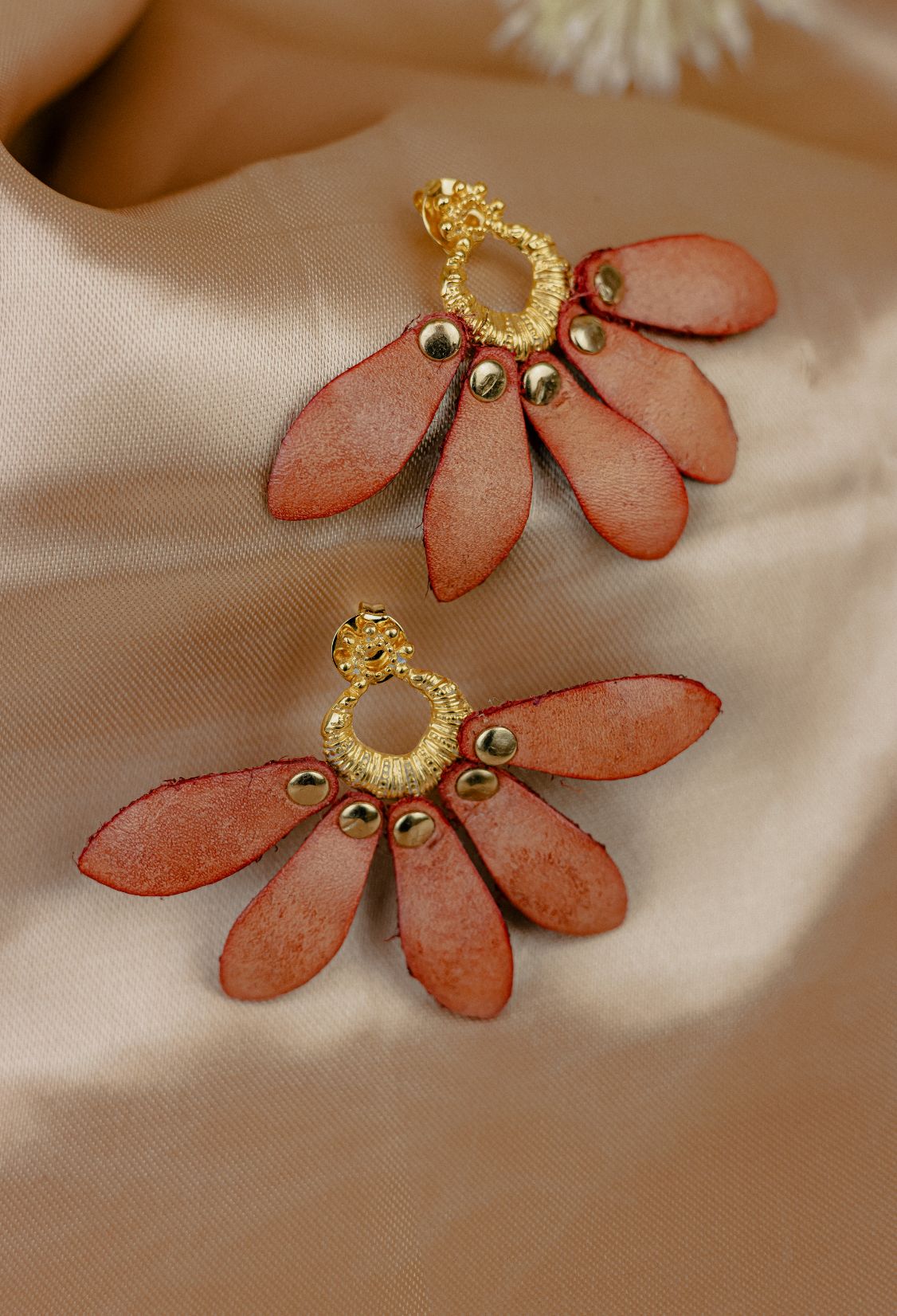Petal Fan Leather Drop Earrings — Terracotta & Gold