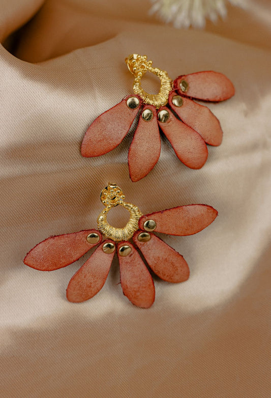 Petal Fan Leather Drop Earrings — Terracotta & Gold