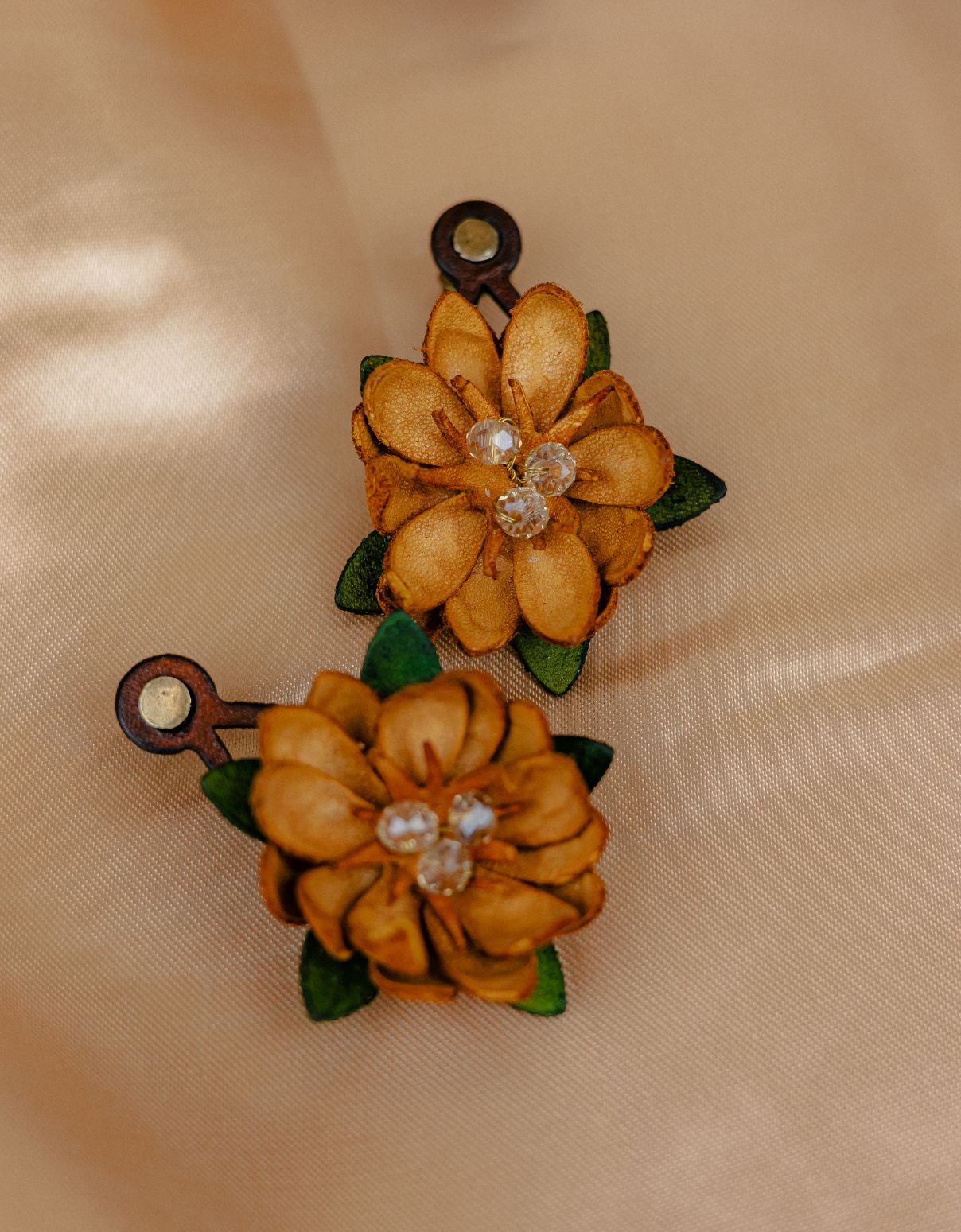 Peony & Crystal Leather Drop Earrings — Amber