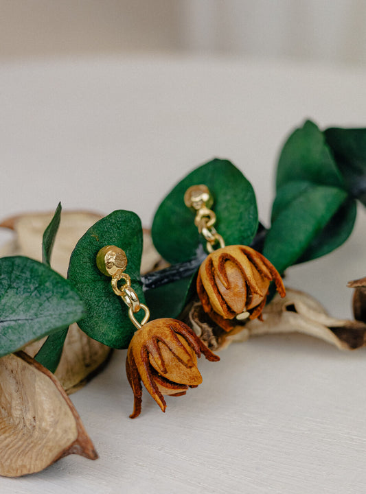 Rose Bud Leather Stud Earrings, Caramel
