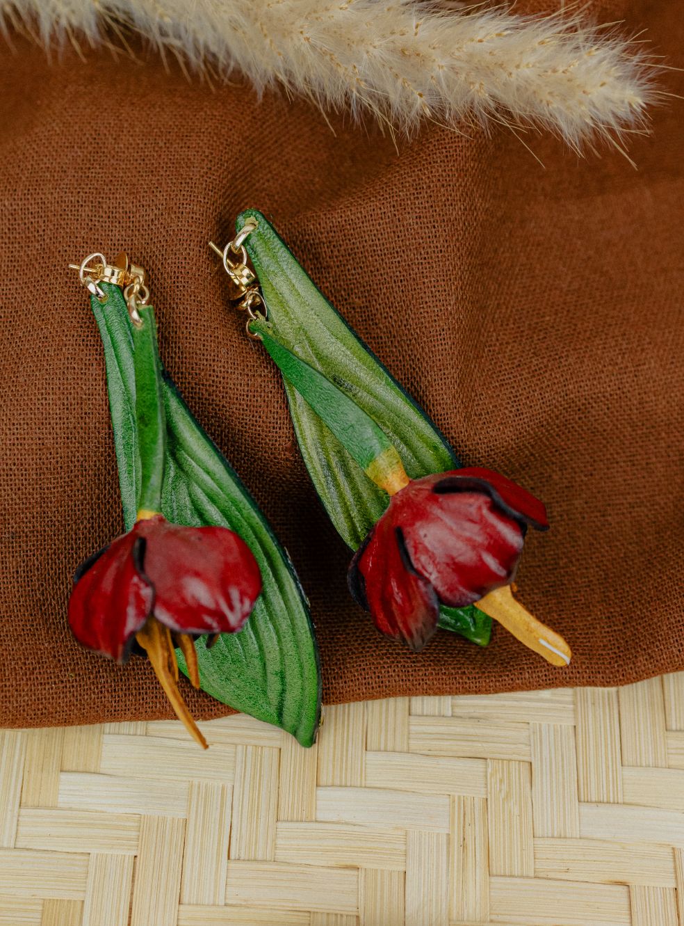 Field Flower Leather Drop Earrings — Dark Red & Green