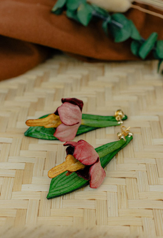 Field Flower Leather Drop Earrings — Dusty Rose & Green