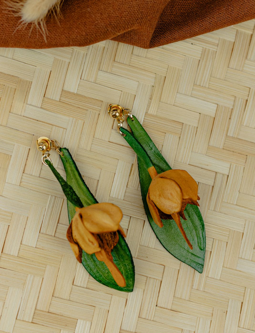 Field Flower Leather Drop Earrings — Camel & Green