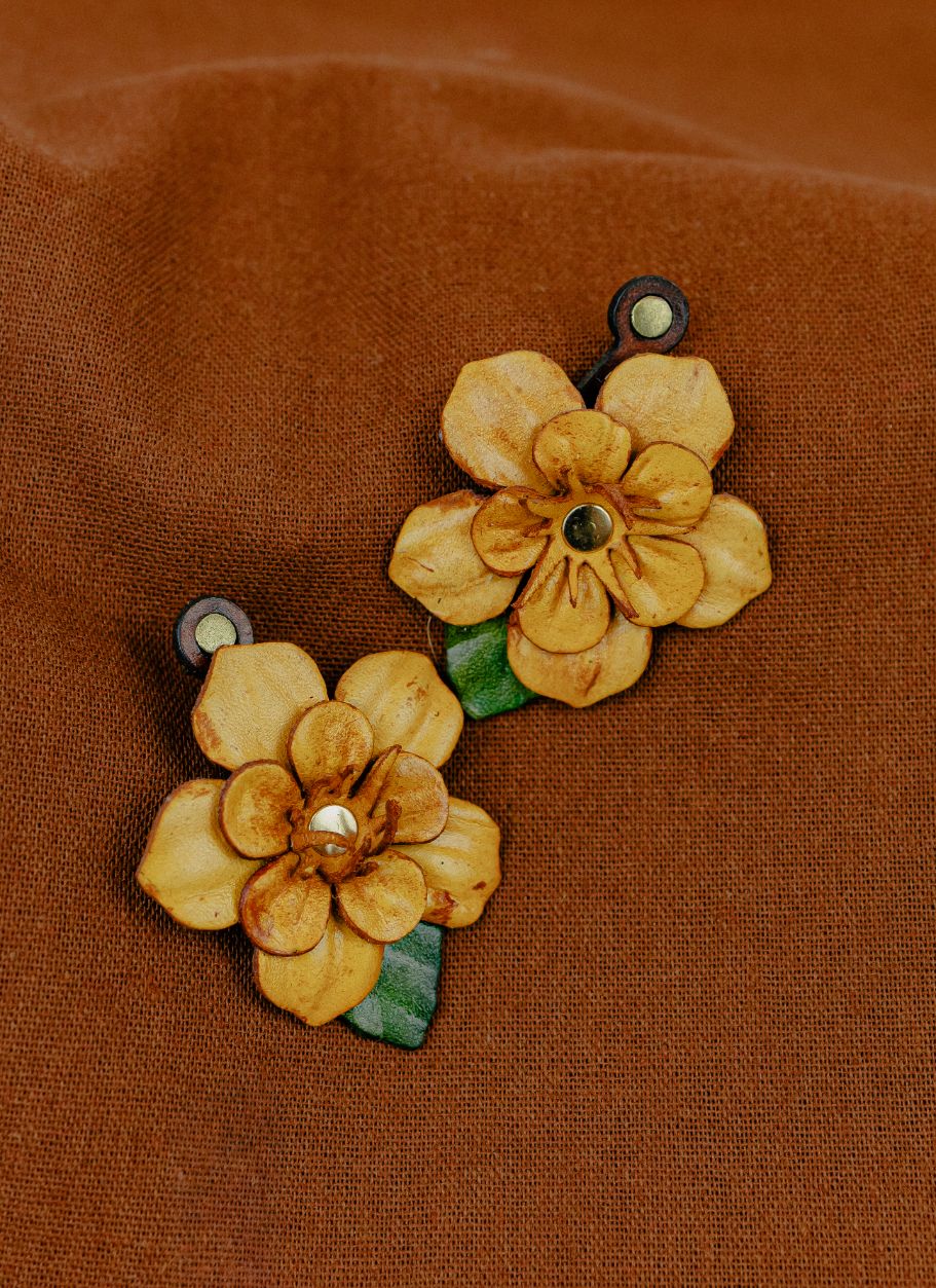 Field Flower Leather Stud Earrings — Mustard Yellow