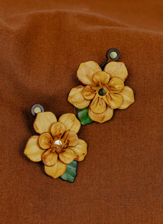 Field Flower Leather Stud Earrings — Mustard Yellow