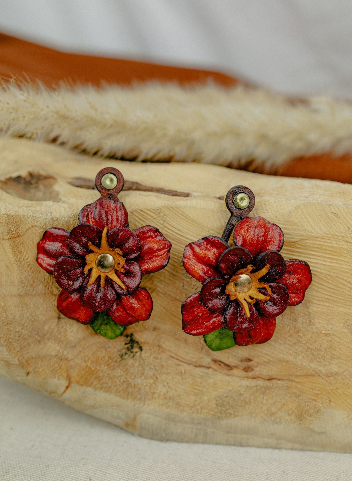 Field Flower Leather Stud Earrings — Deep Red