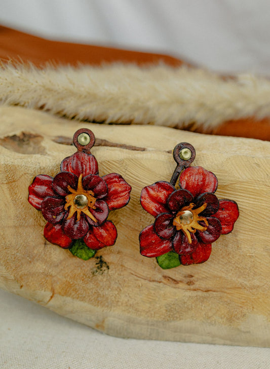 Field Flower Leather Stud Earrings — Deep Red