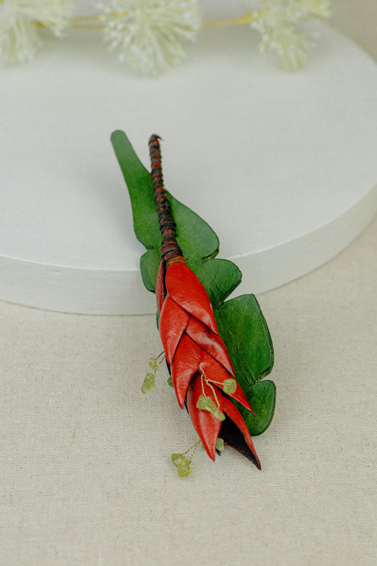 Heliconia Leather Brooch — Red & Green with Gems