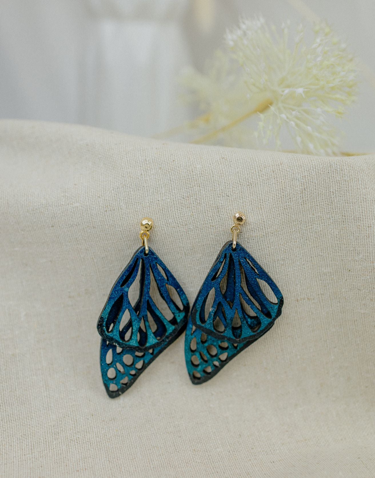 Butterfly Wing Leather Drop Earrings — Teal & Blue