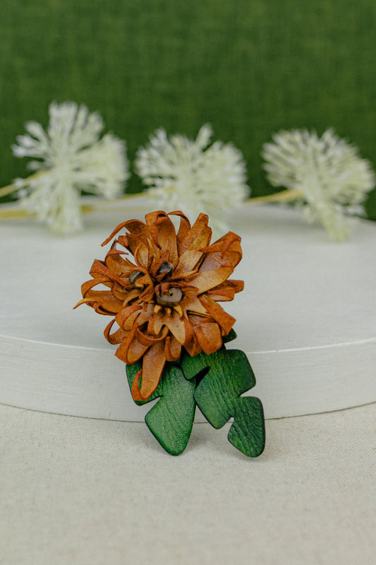 Dahlia Leather Brooch — Amber & Green